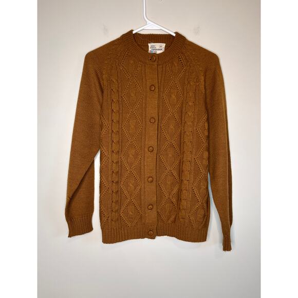 1960s Kmart Chocolate Brown Cable Knit Minimalist Coquette Cottage Cardigan M 38 - Picture 1 of 5